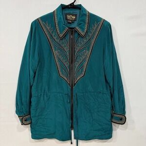VTG Bob Mackie Wearable Art Jacket Womens S Teal Silk Embroidered Zip Up Vintage